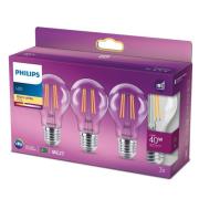 Philips LED-pære Classic E27 4,3W 2 700 K klar 3er