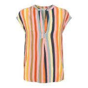 Multistripe V-Hals Bluse med Små Ermer