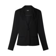 Myk Stretch Sort Blazer med Skulderputer og Knappelukking