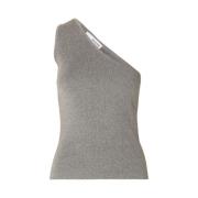 Lura Lurex One Shoulder Strikket Topp - Medium Grå Melange Lurex