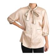 Beige Ribbon Silk Stretch Top Blouse