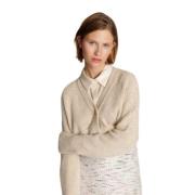 Beige Strikket Cardigan med Brede Ribbede Kanter