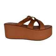 Stilig Cognac Lær Plattform Sandal