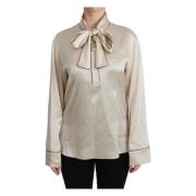 Beige Silkesateng Bluse med Queen Broderi