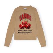 Beige Wool Mix Cherry Crewneck Sweater