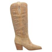 Kvinner Beige Velour Cowboy Støvler med Broderi Er00113887