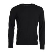 Svart Ull Strikket Crew Neck Genser