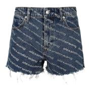 Dyp Blå/Hvit Logo Print Høy Midje Shorts