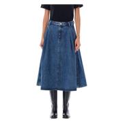 Denim Midi Skjørt Vasket Indigo