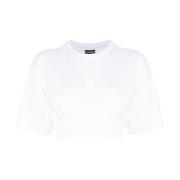 Hvit Drapert Detalj Crew Neck T-skjorte