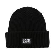 Svart Ribbestrikket Ull Beanie med Logo