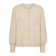 Feminin Ribbestrikket Cardigan med Puffede Ermer