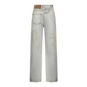 Blå Wide Leg Jeans med Distressed Detaljer