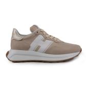 Beige Skinn Sneakers med Tekstilinnsatser