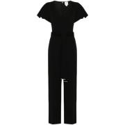 Svart V-hals Jumpsuit med Belte