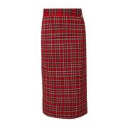 Rød tartan midi-skjørt med høy midje