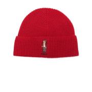 Rød Ribbet Ull Bjørn Brodert Beanie