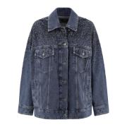 Denim Oversized Jakke med Rhinestone Dekorasjon