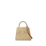 Beige Raffia Crossbody Veske med Magnetisk Lukking