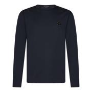 Blå Ribbet Crewneck Langarmet Skjorte