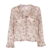 Blomster V-hals Bluse med Volanger