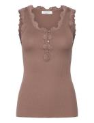 Silk Top W/ Button & Lace Tops T-shirts & Tops Sleeveless Brown Rosemu...