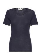 Rwsamber Ss T-Shirt W. Lace Tops Knitwear Jumpers Navy Rosemunde