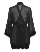 Kimono Satin Sheer Lace Edge Morgenkåpe Black Hunkemöller